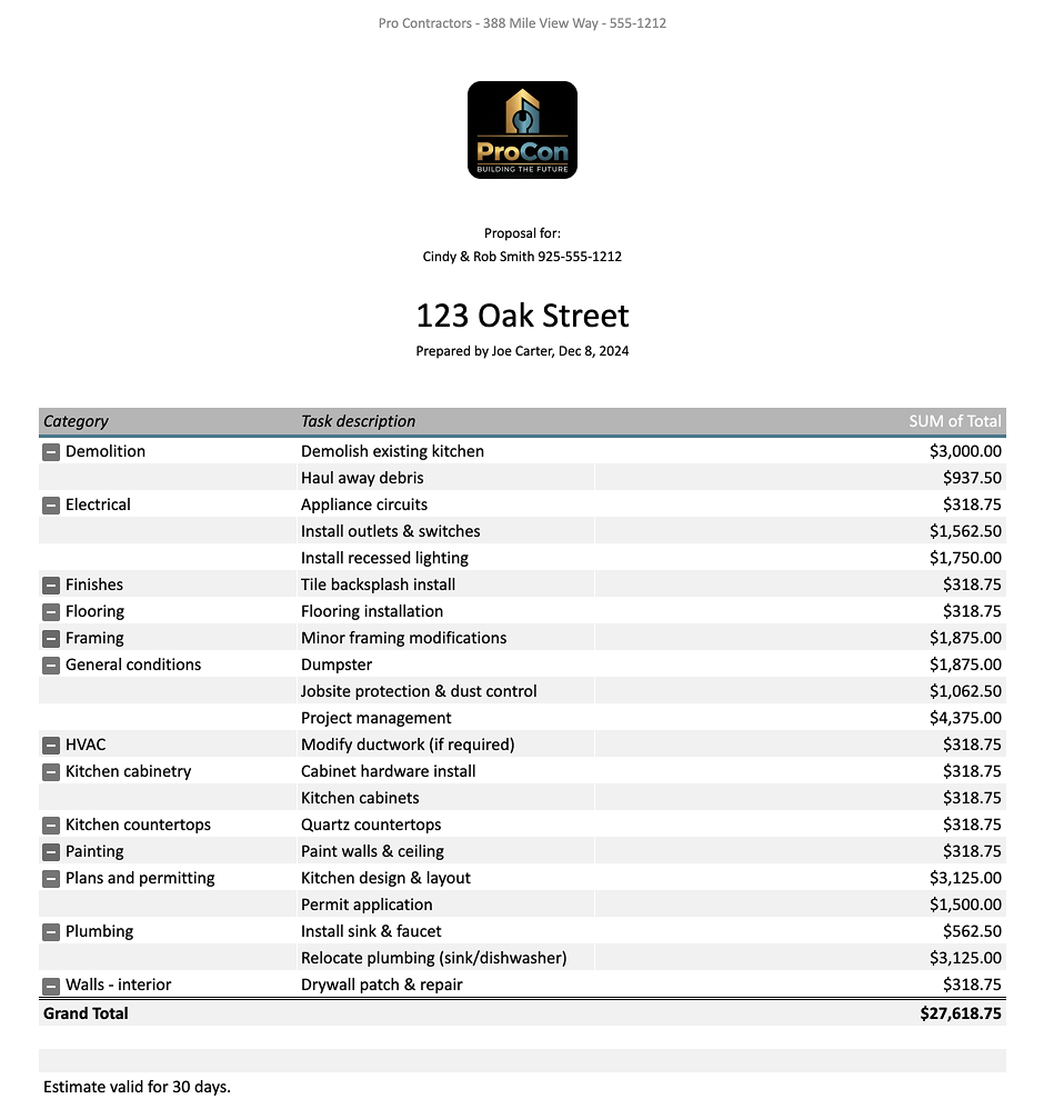 General contractor estimate spreadsheet template with client-facing category roll-up