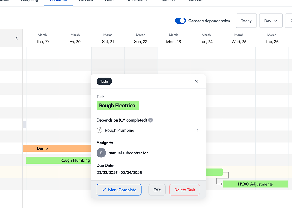 Gantt schedule with task dependencies for subcontractor coordination