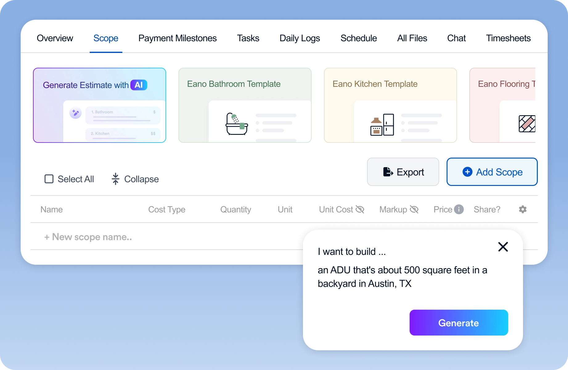 AI estimate generator for construction