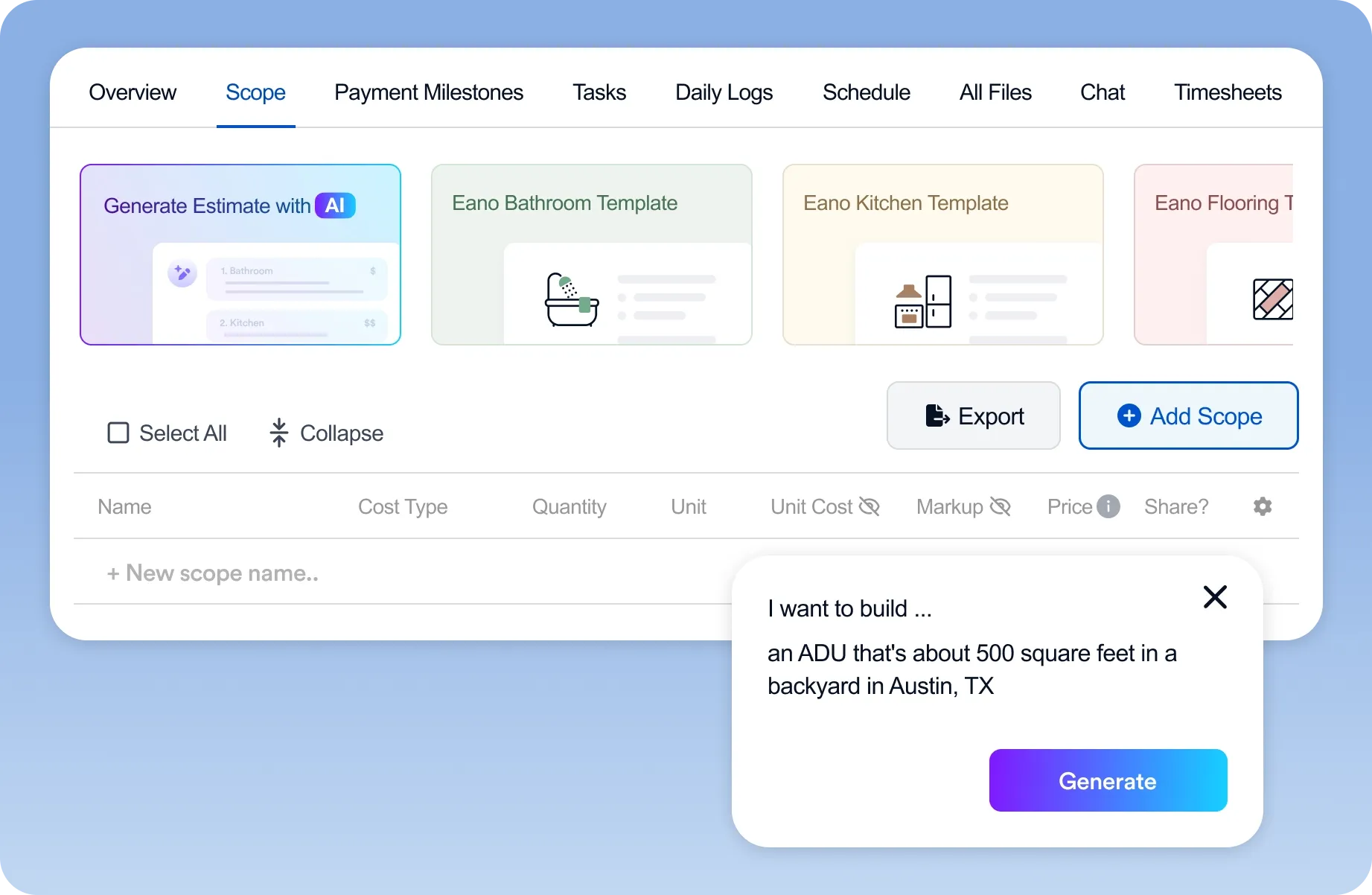 AI estimate generator for construction