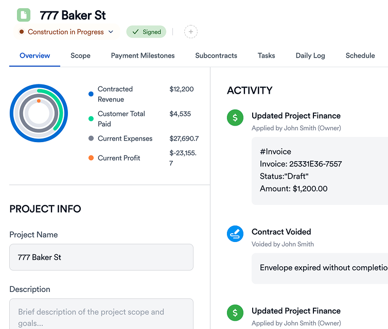 Construction expense tracking screen with costs coded to a project