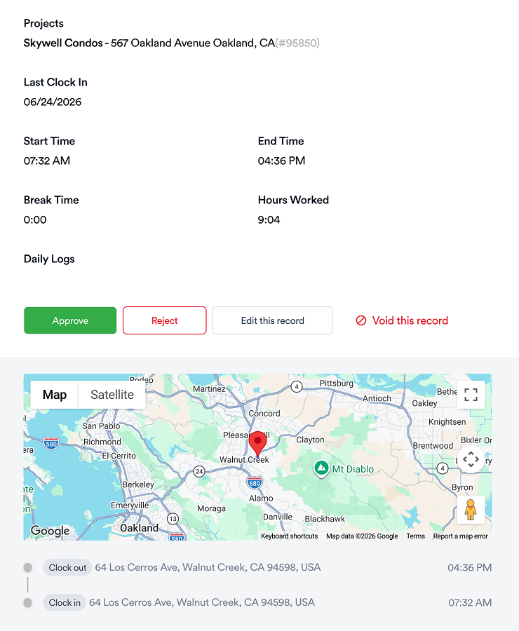 Crew time card with GPS clock-in location tied to a specific job