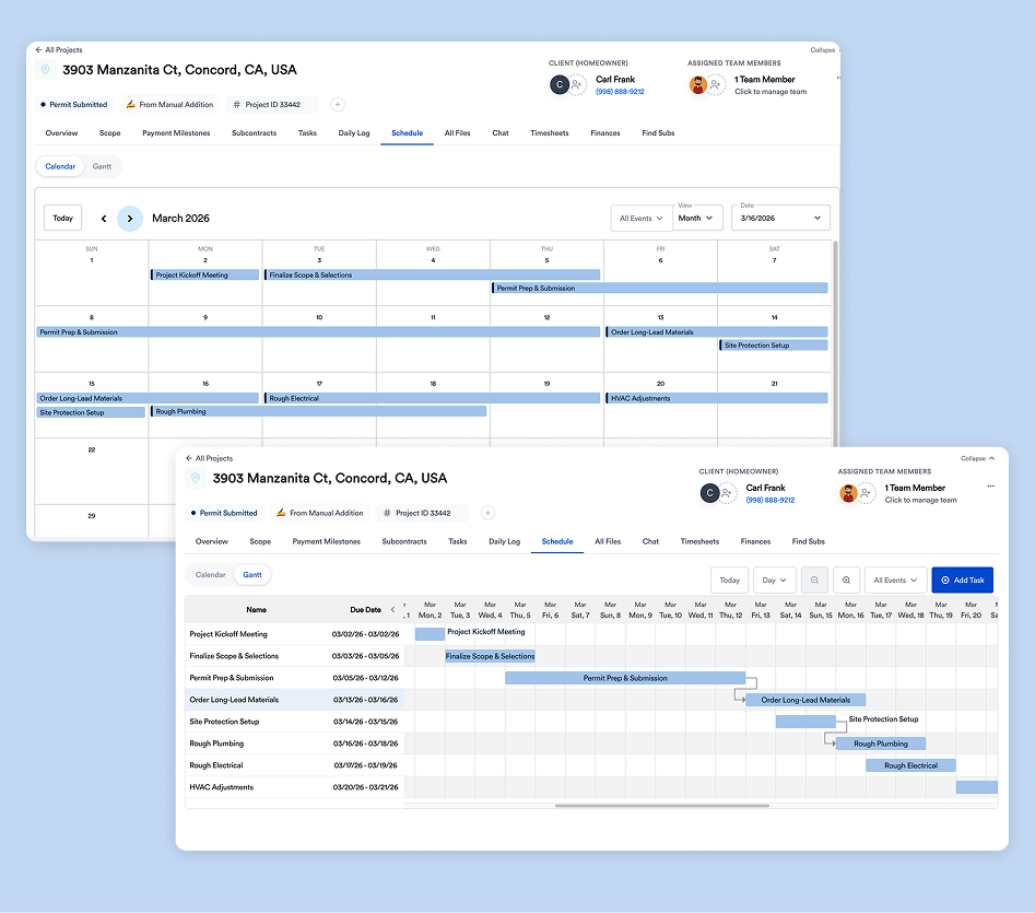 Construction schedule view with crews and phases for multiple landscape jobs