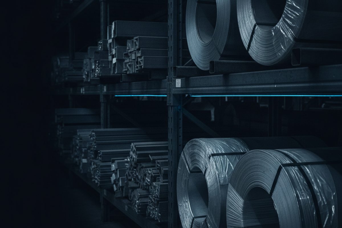 Lager mit Metallprofilen und Coils auf Schwerlastregalen