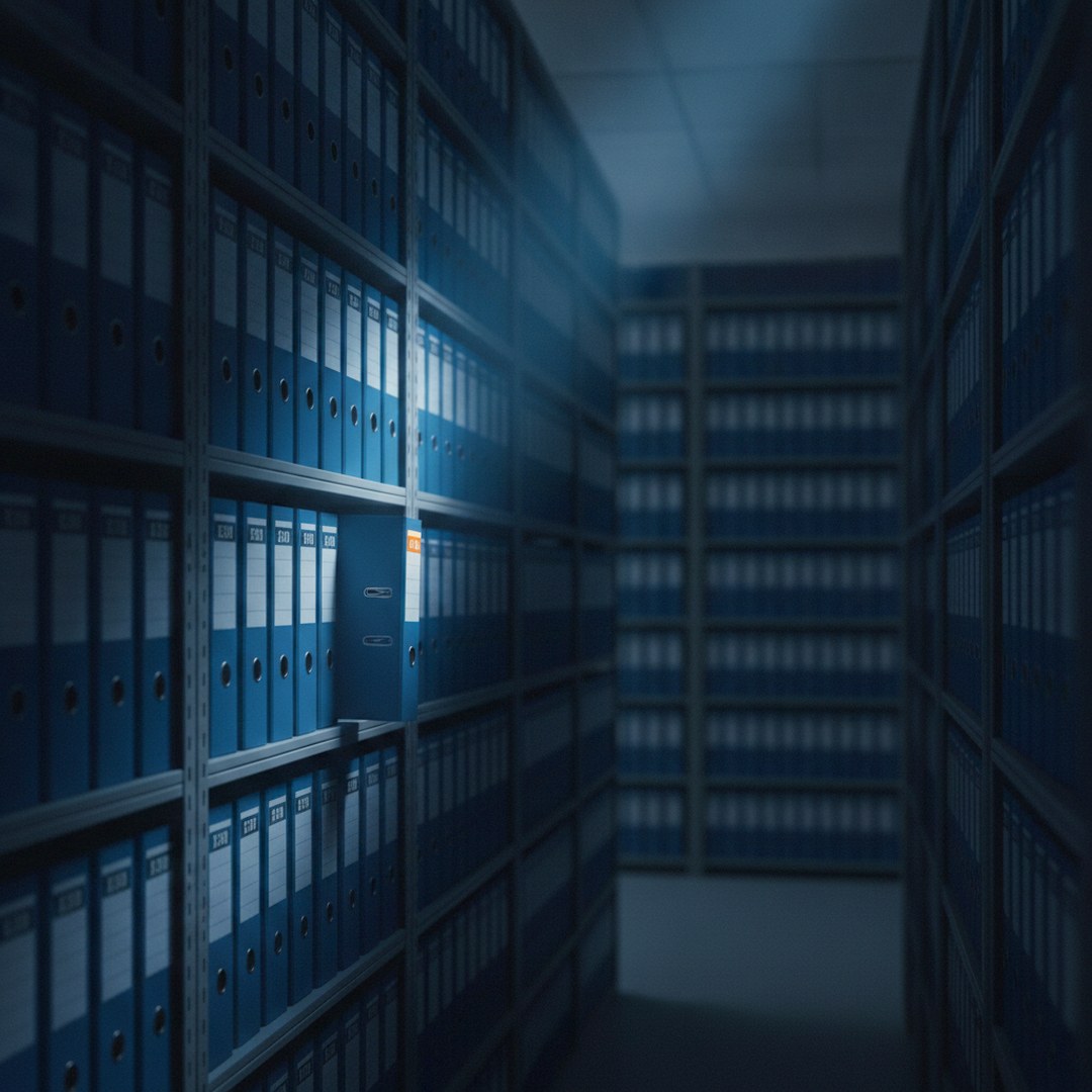 Aktenordner im Archivregal, ein Ordner herausgezogen