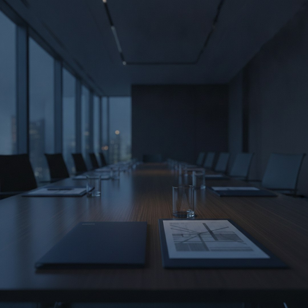 Konferenzraum bei Nacht mit vorbereiteten Unterlagen