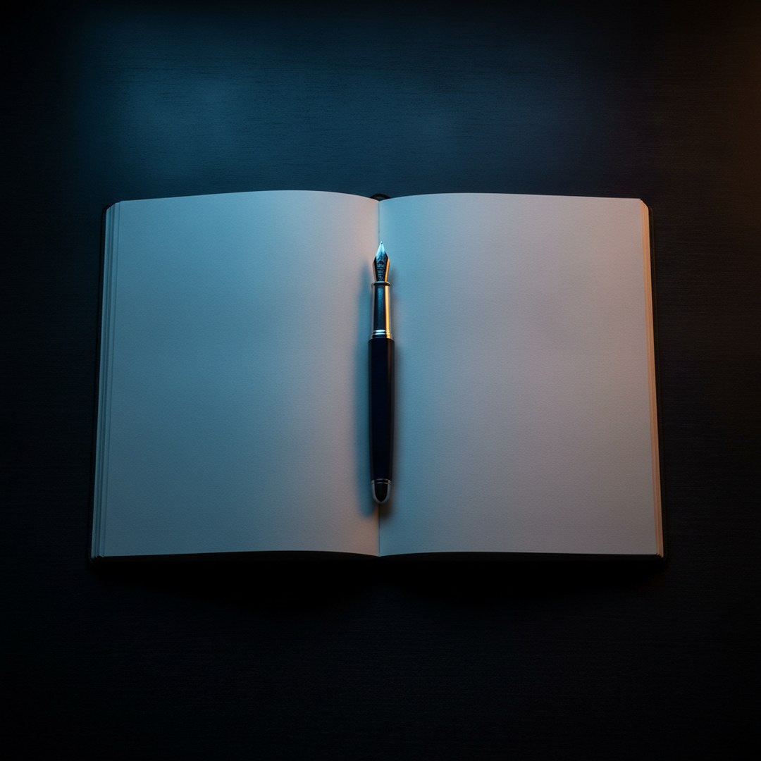 Aufgeschlagenes Notizbuch mit Füller im blauen Licht