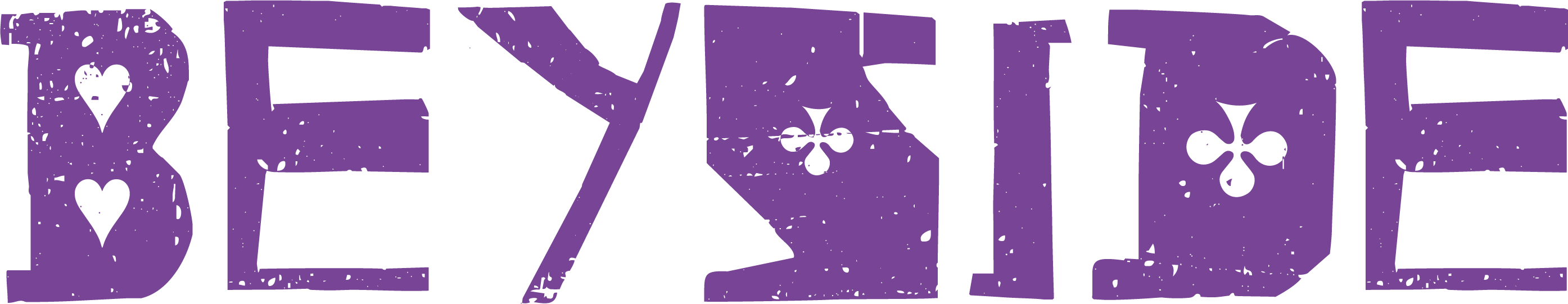 Purple stylized text reading 'BEYSIDE' with distressed texture and decorative clover and heart shapes inside some letters.