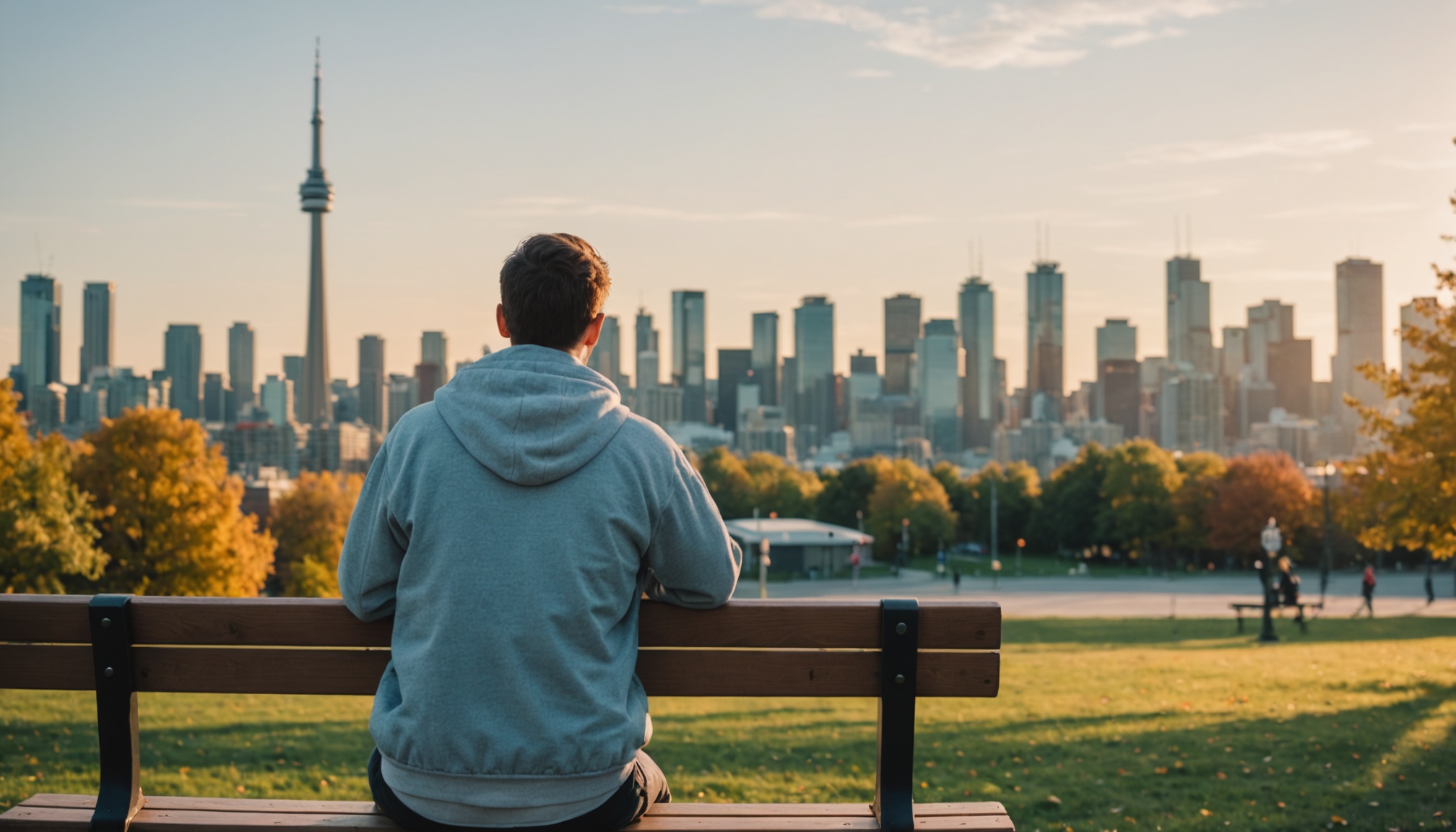 Young adult in Toronto reflecting with city skyline, hope and support for mental health