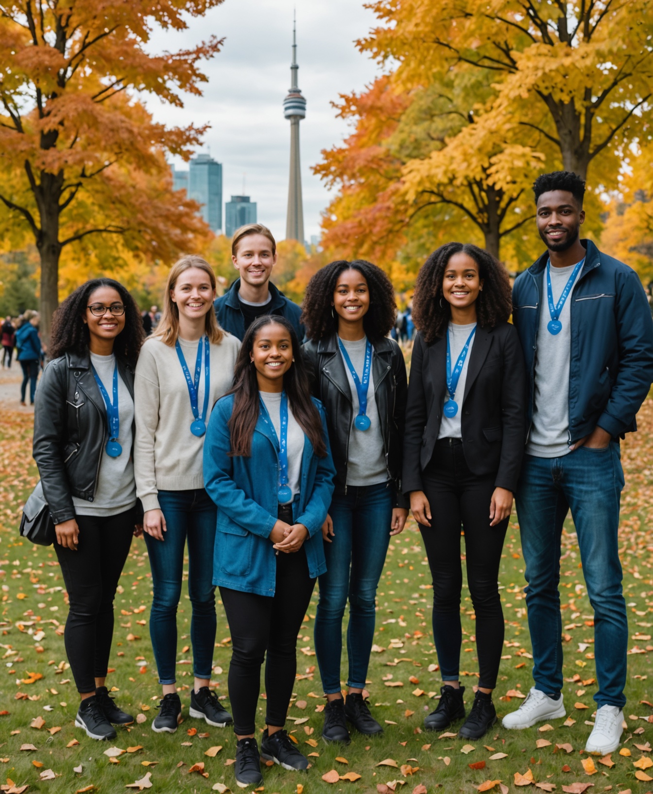 Young adults in Toronto supporting each other, with depression awareness symbols and CN Tower in the background.