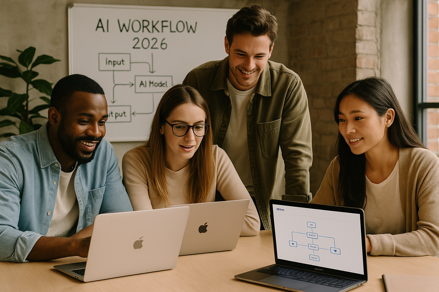 Diverse U.S. startup team collaborating on AI workflows with no-code tools like Airtable and n8n in a coworking space