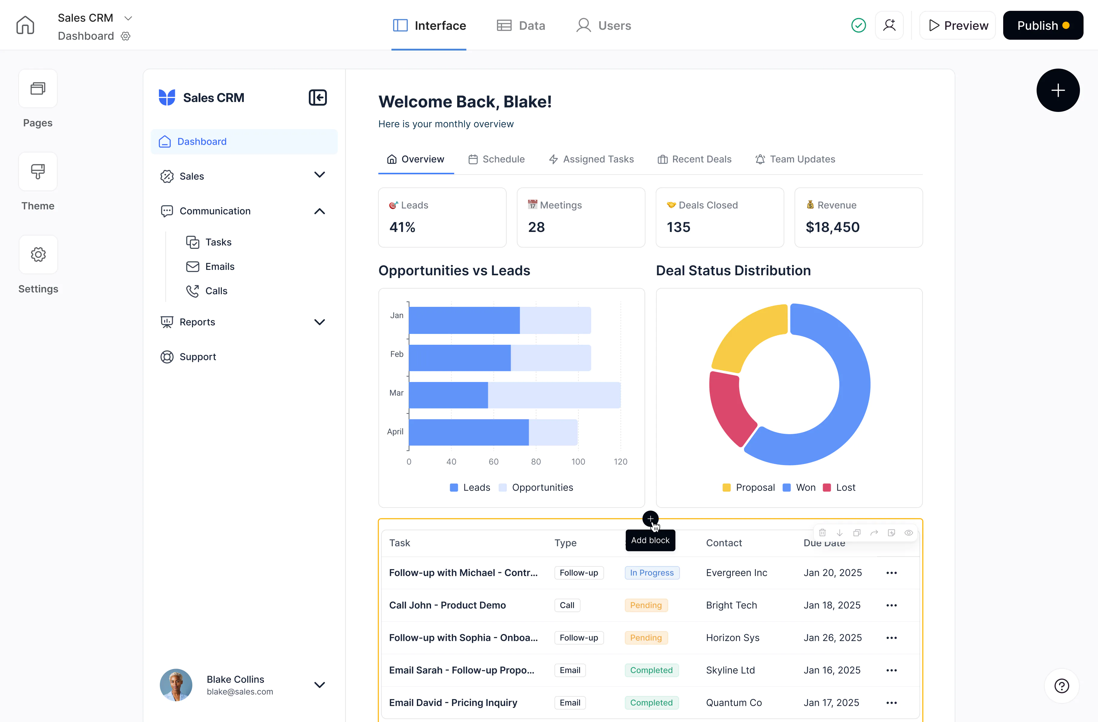 custom app built with Softr, showing a desktop dashboard with leads, meetings, revenue, charts, and task lists, alongside a mobile view with recent deals and AI assistant integration.