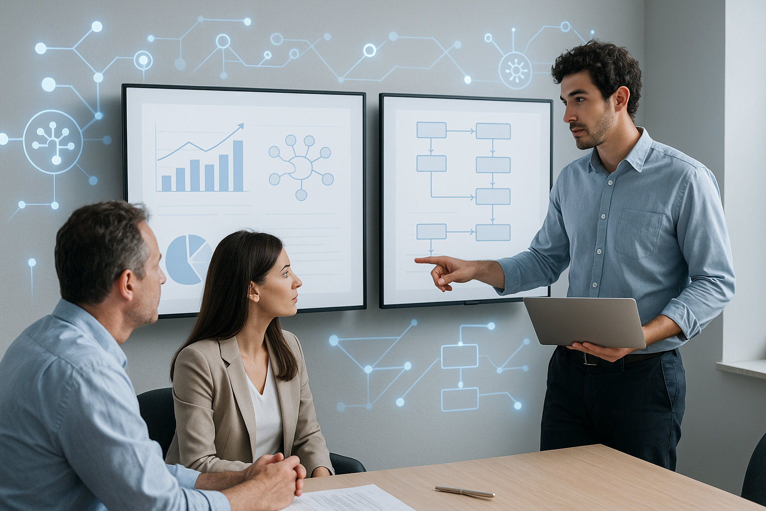 Team presentation with data visualizations and AI diagrams for business strategy