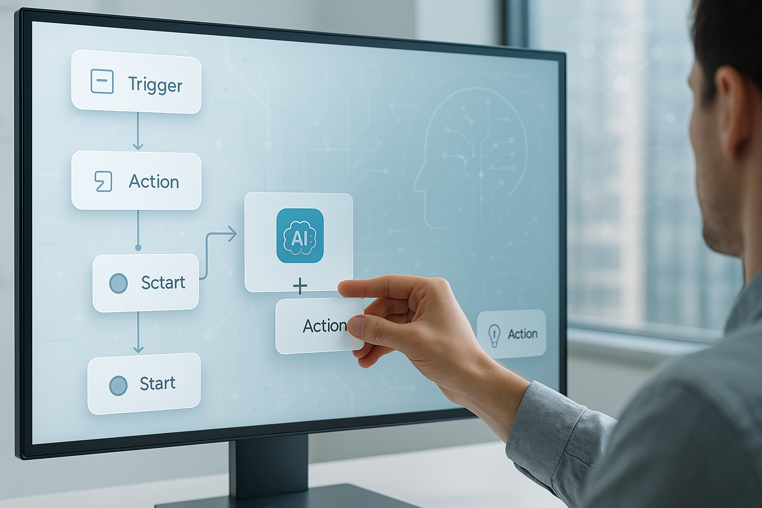 Small business team reviewing workflow analytics on digital screens with subtle AI visual elements, symbolizing the first steps in AI automation.