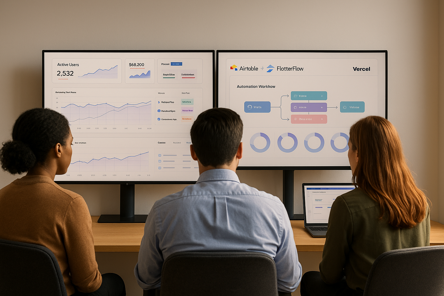 Diverse team collaborating on AI-driven dashboards in a modern workspace.