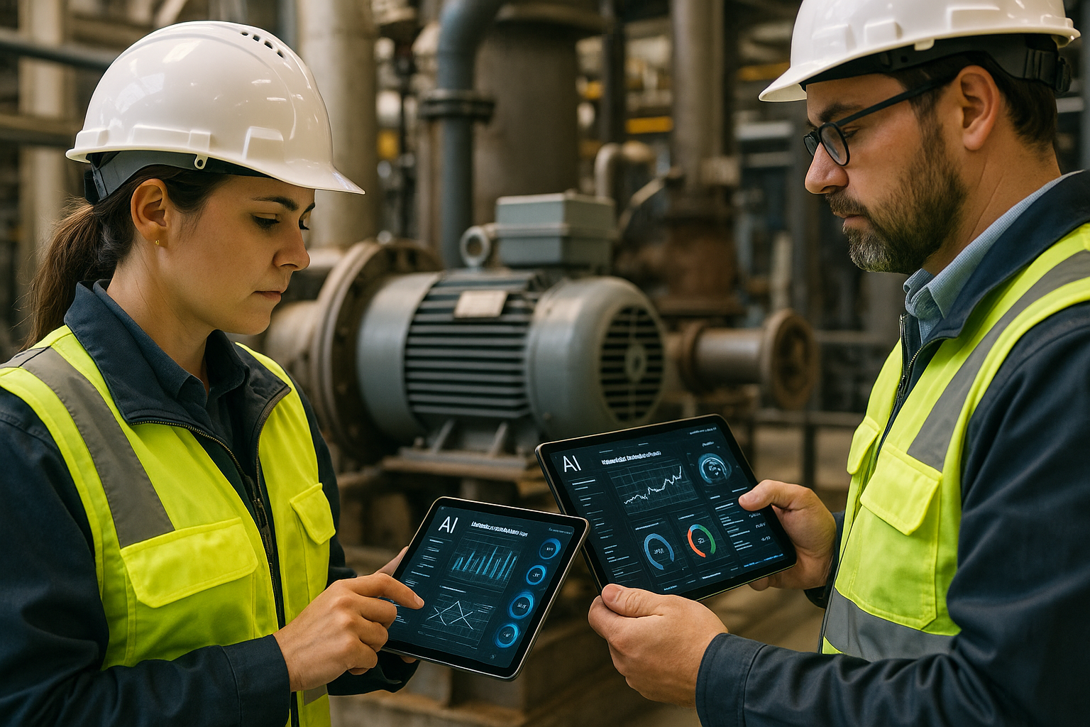 Engineers applying AI automation for predictive maintenance in Houston facility