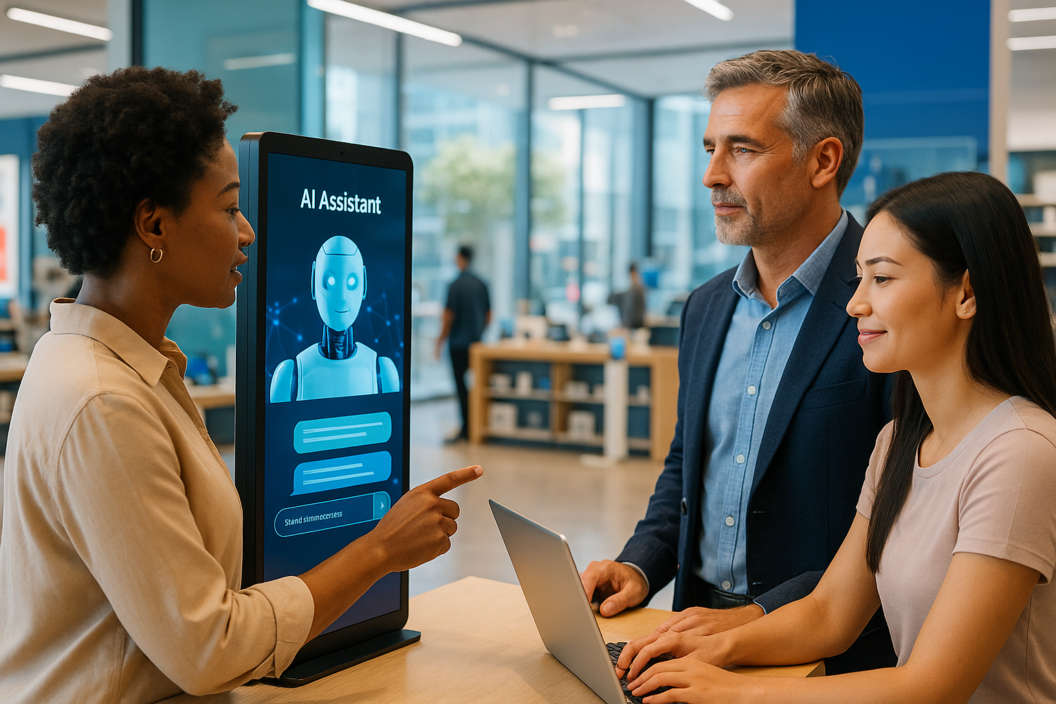 Customer interacting with AI-powered service assistant in Miami retail environment