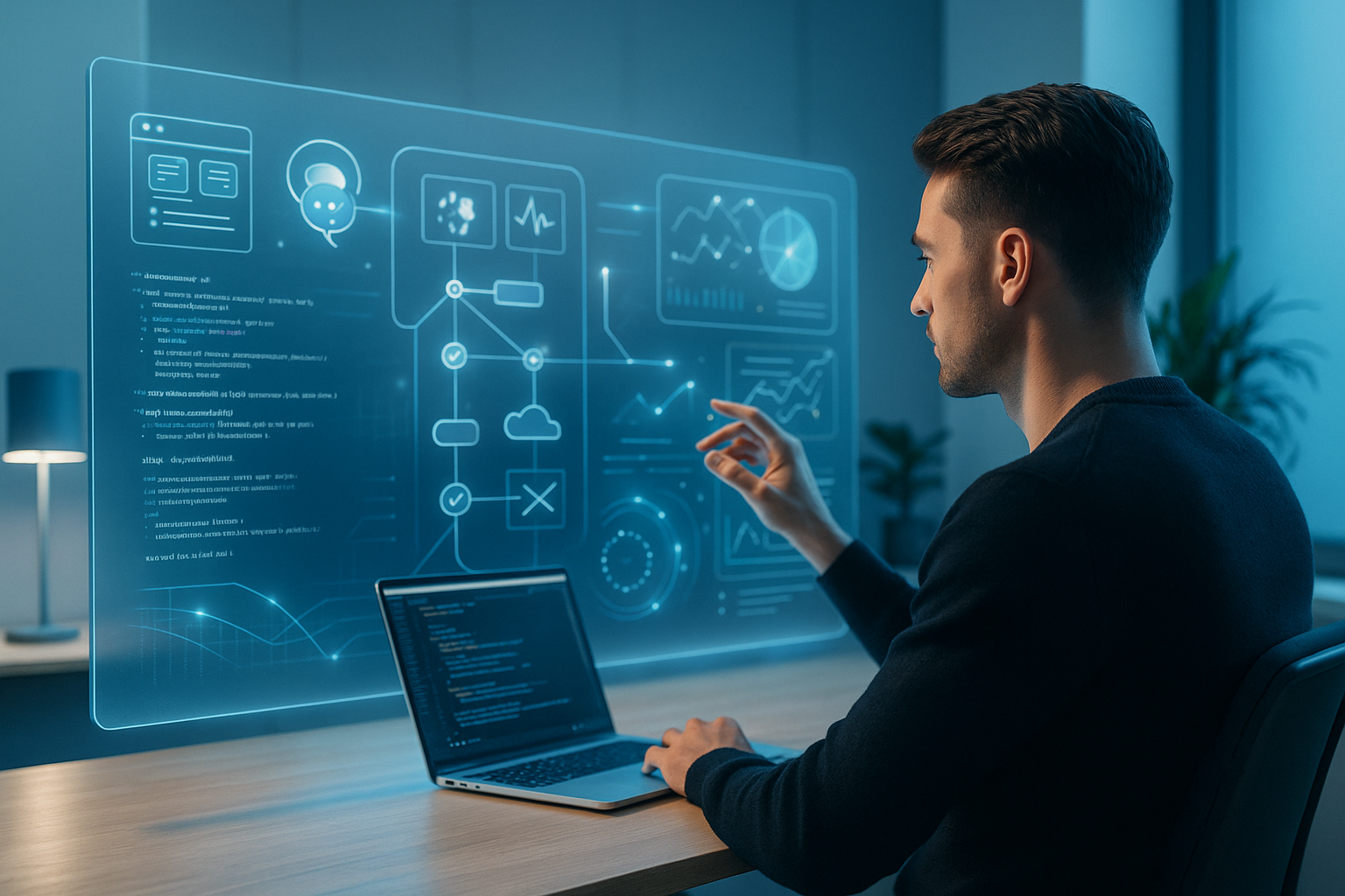 Developer using AI-assisted tools to prototype and automate workflows in a modern digital workspace