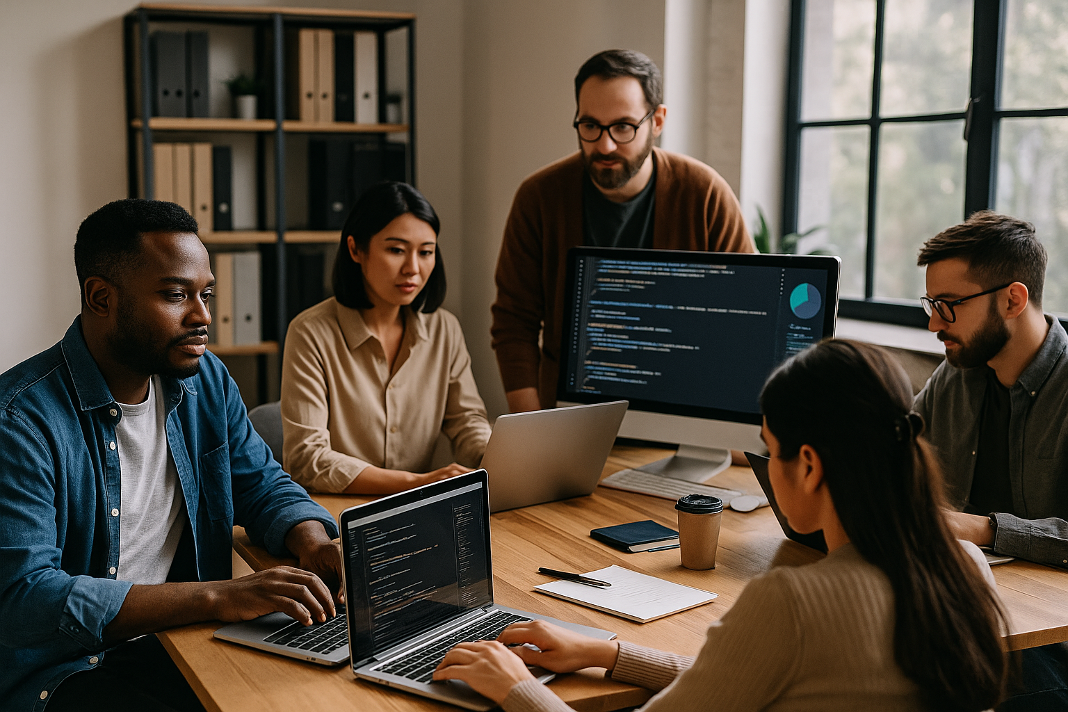 Software developers collaborating on structured architecture and scalable systems in a professional workspace
