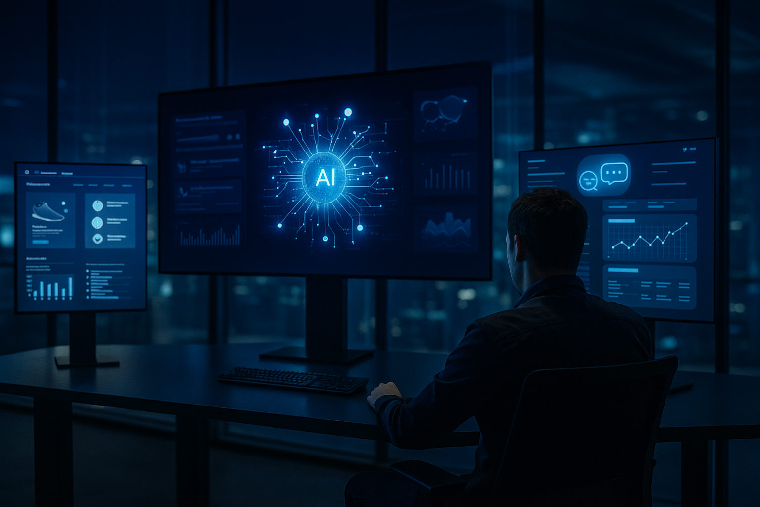Modern AI control center with multiple dashboards showing product recommendations, chatbot interfaces, and real-time customer analytics