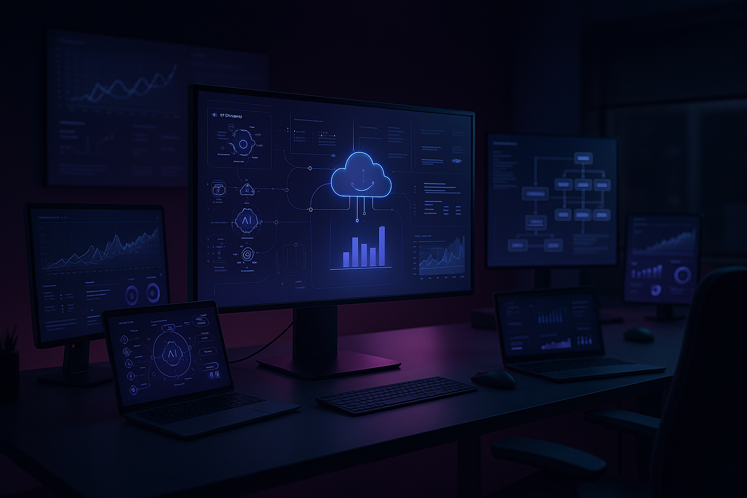 Modern digital workspace with AI architecture diagrams and cloud infrastructure tools on multiple screens