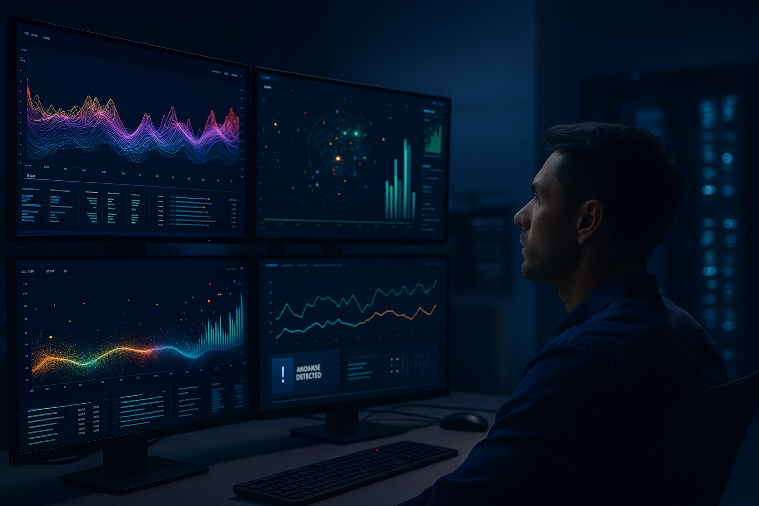 Modern tech workspace featuring AI-powered data monitoring tools with dynamic graphs and performance indicators.