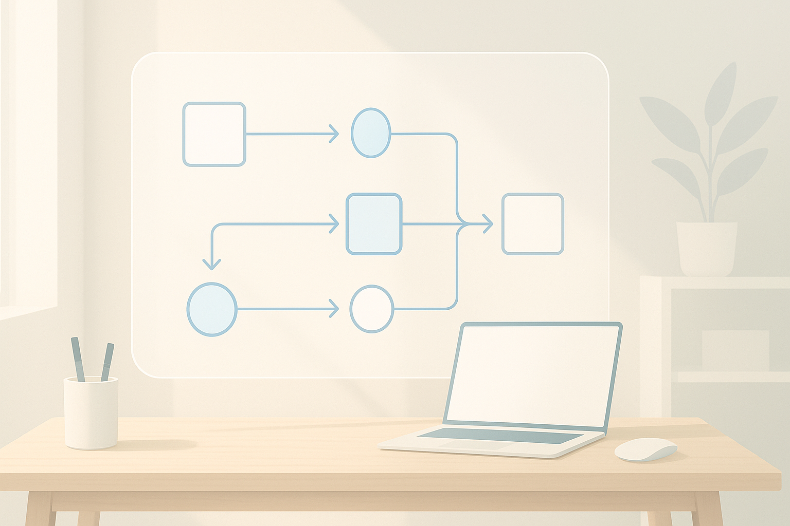 Transparent digital panel showing a basic AI workflow map used to plan and structure SMB automation processes.