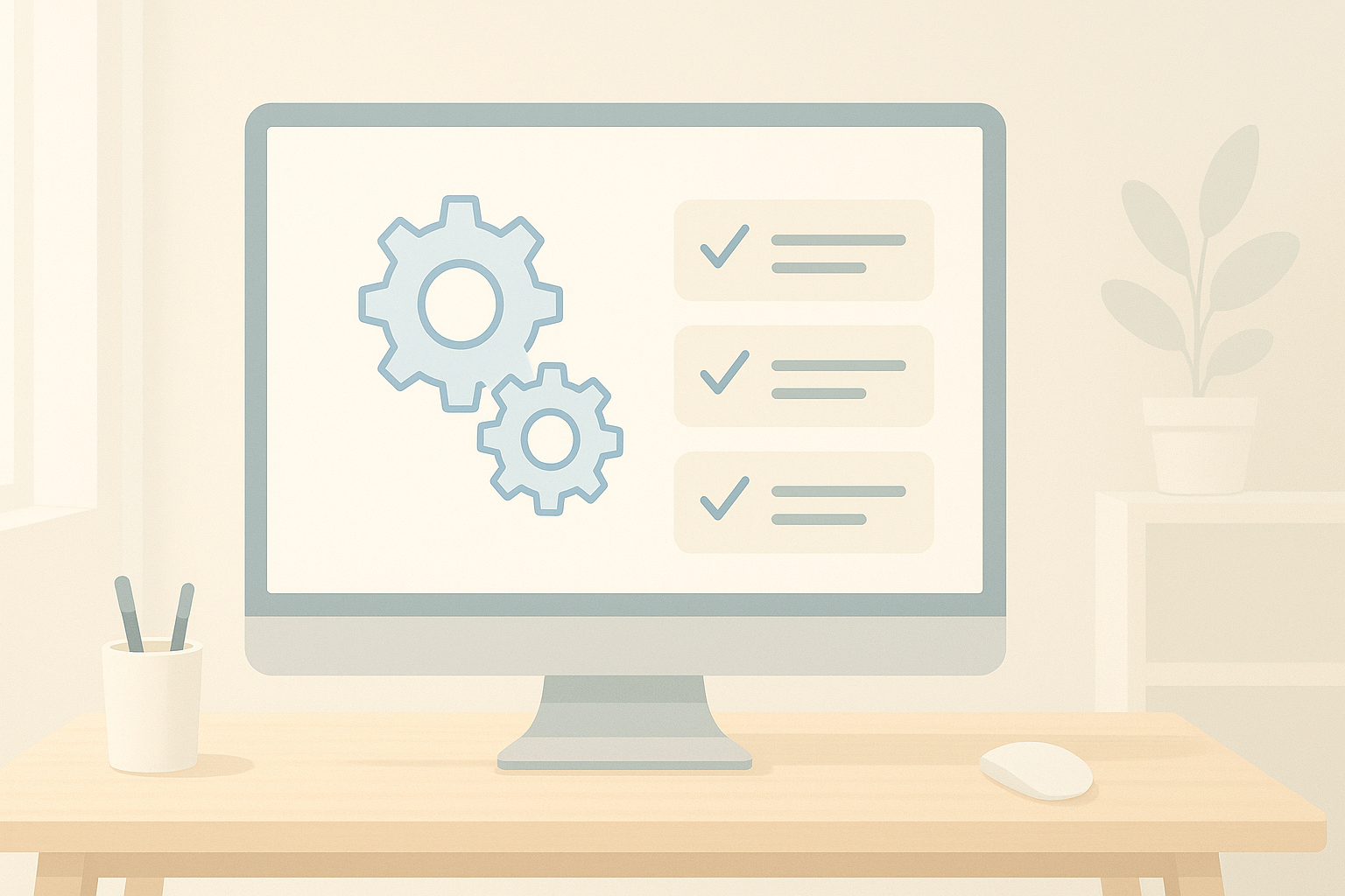 Computer screen with gears and task icons representing small AI automations that improve SMB productivity.