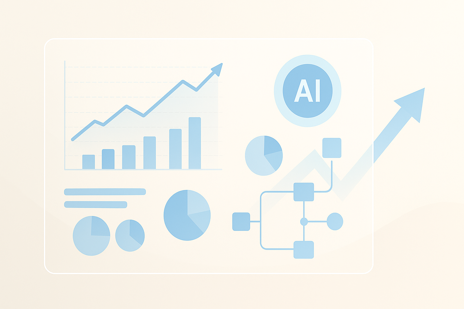 Floating transparent dashboard with AI adoption graphs. pie charts and workflow structures on a soft neutral background.