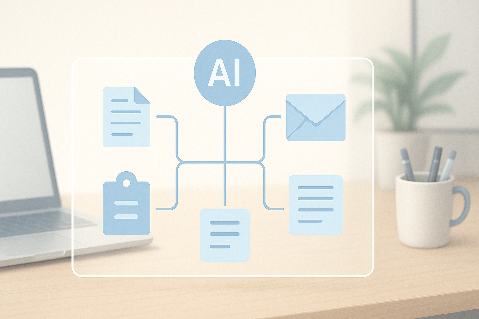 Transparent interface showing AI workflow icons for document processing. email routing and task automation in a modern digital workspace.