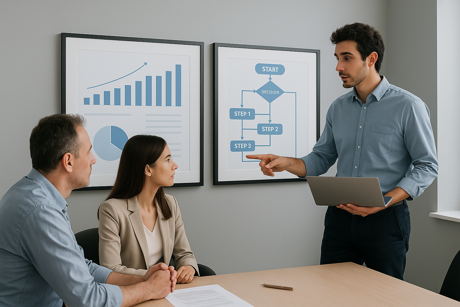 Three professionals analyzing a workflow diagram displayed on a large screen during a meeting about AI driven process automation.