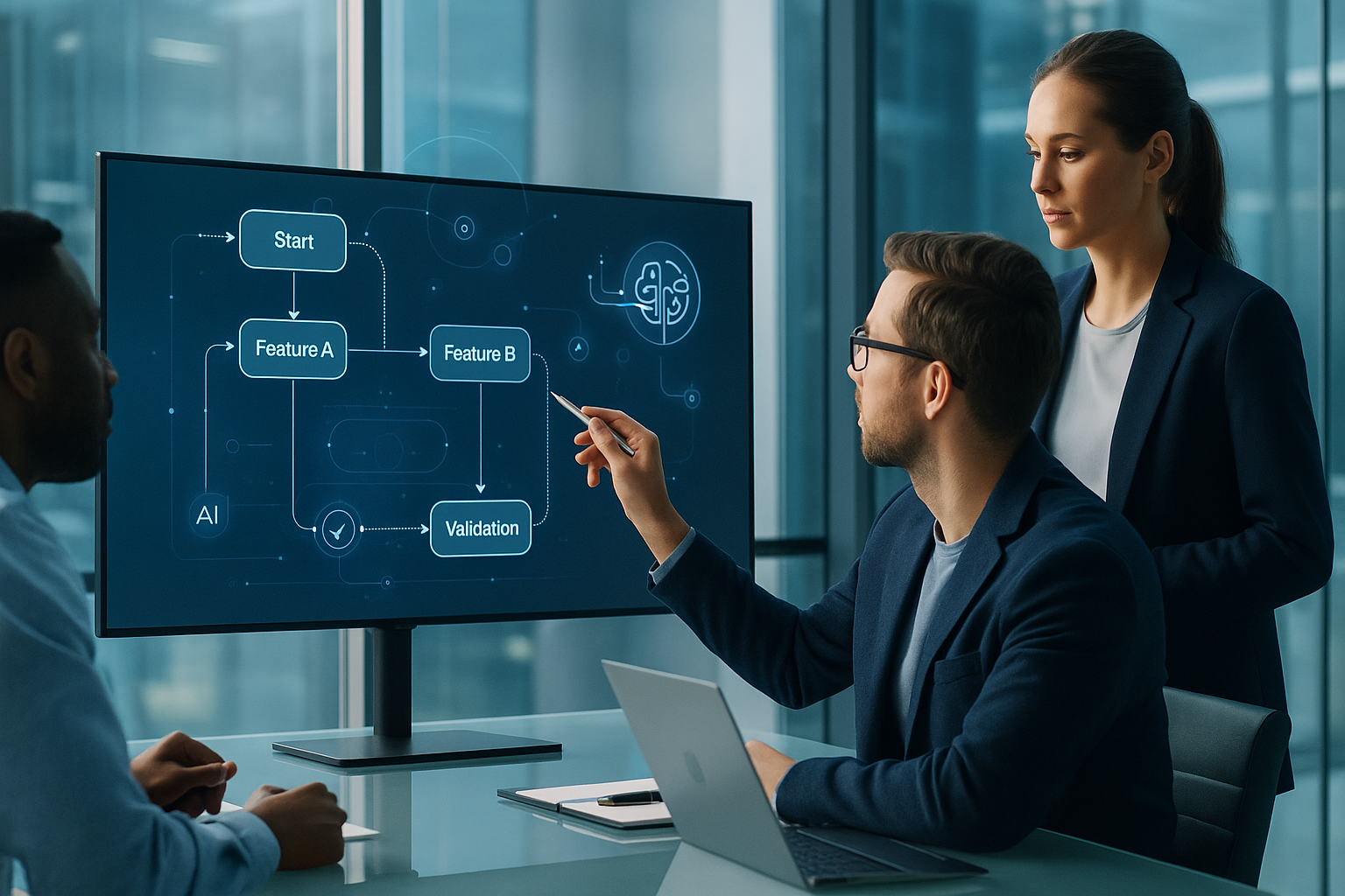 Team reviewing a large screen with an MVP validation workflow, including steps, nodes and AI assisted design elements in a modern office.