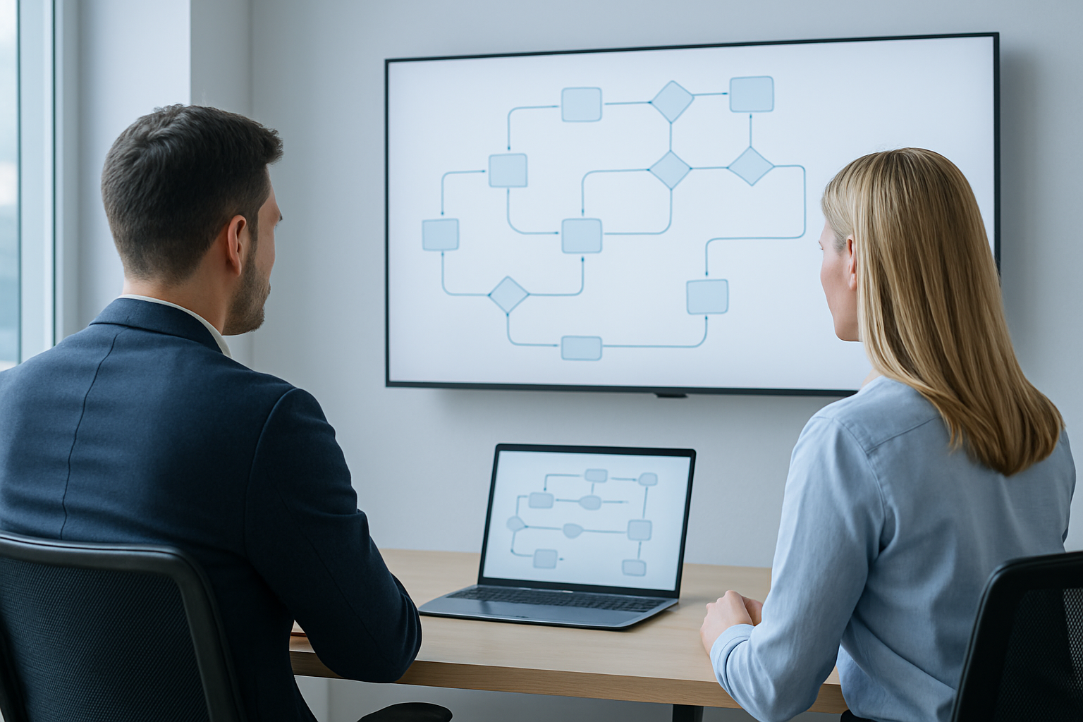 Two office workers seated at a desk reviewing relational workflow steps displayed on a wall mounted screen.