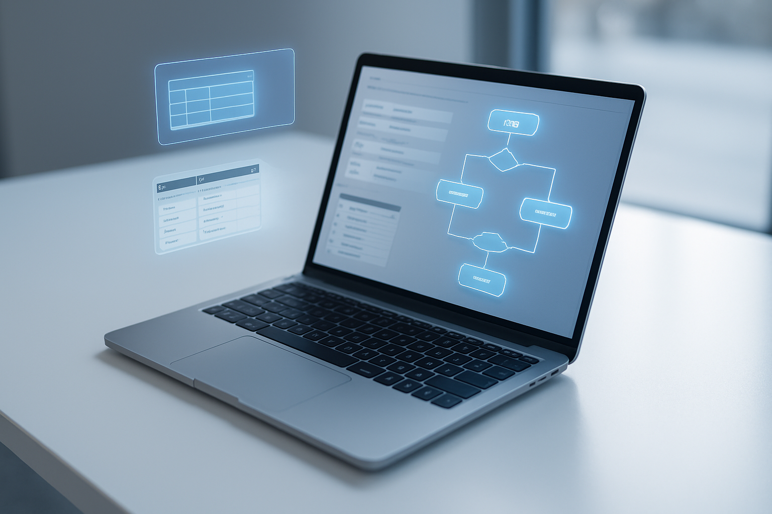 Top down view of a laptop showing a relational database workflow with holographic AR style floating elements.