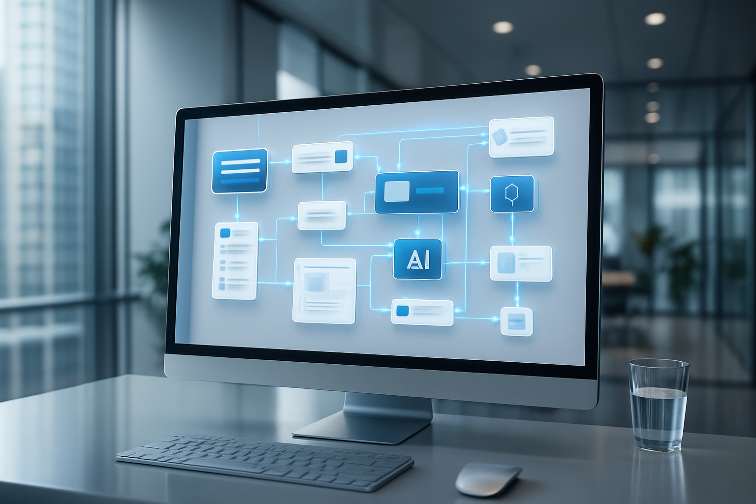A hyperrealistic monitor displaying an AI powered workflow interface in a modern office.