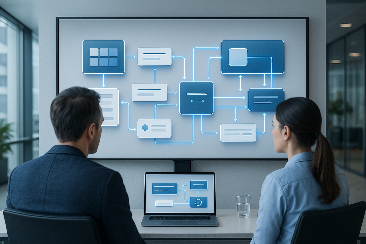 Two professionals seated in a modern office reviewing a workflow diagram on a large screen.