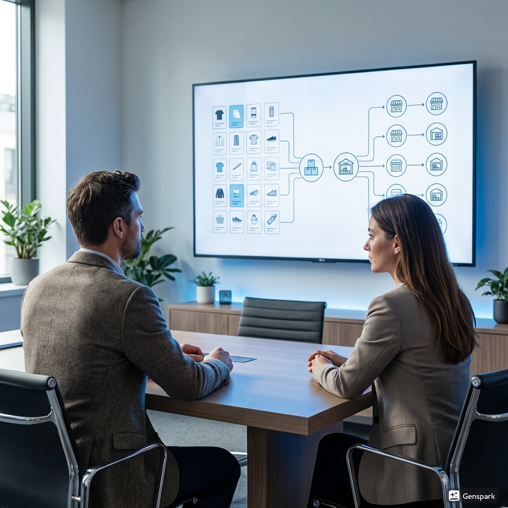 Two professionals reviewing an inventory system showing product availability across multiple locations.