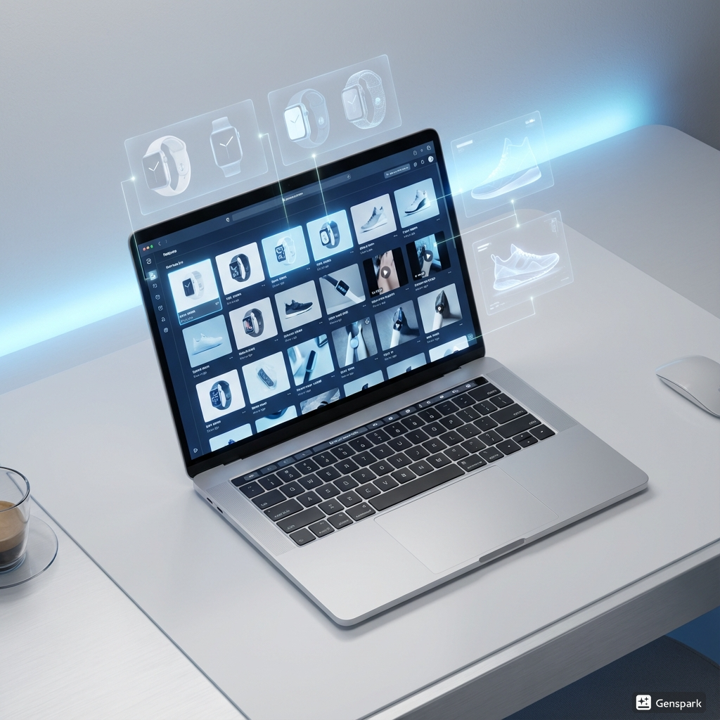 Laptop displaying an inventory interface with AI generated product images and media variations.