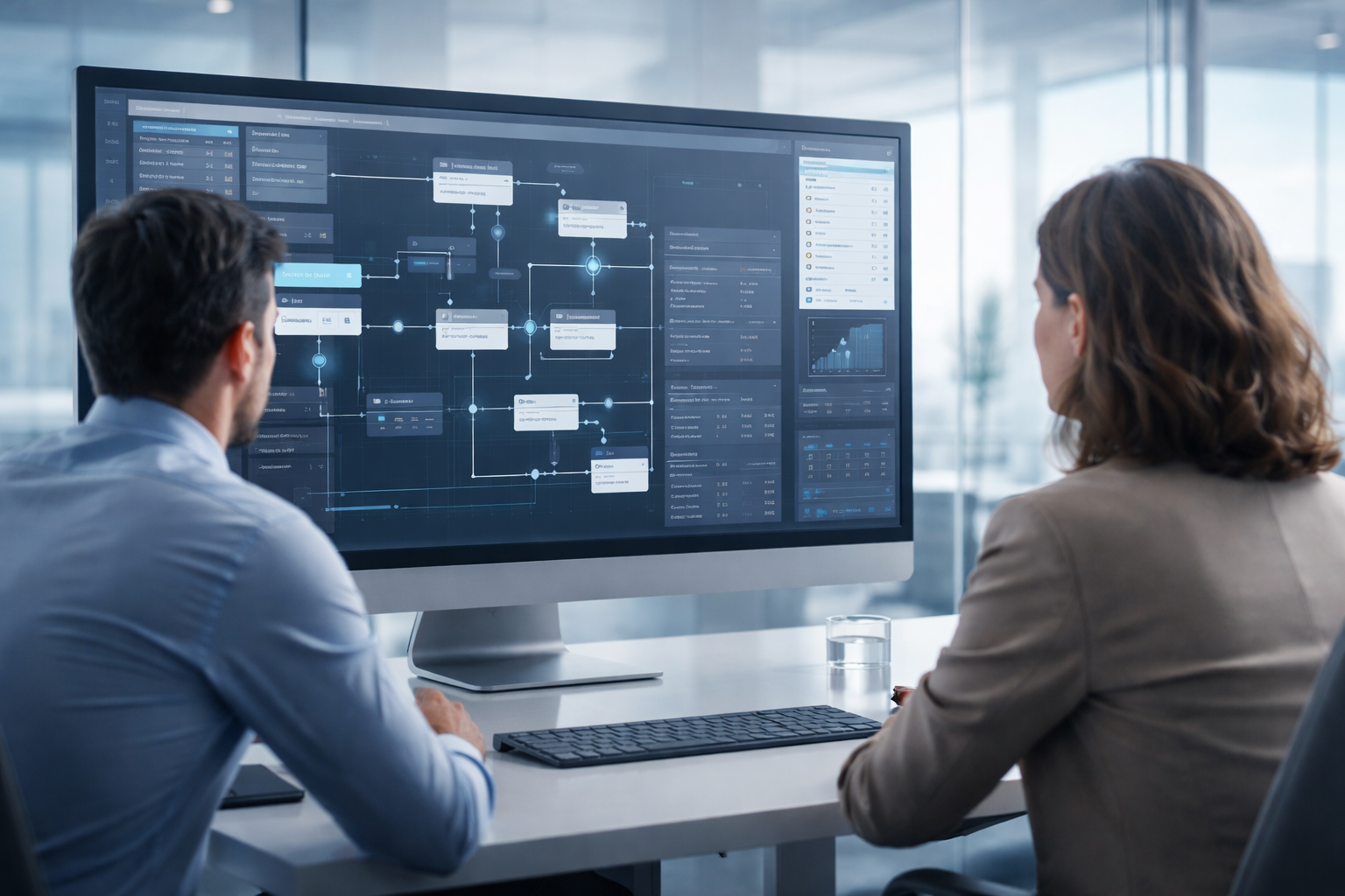 Two professionals reviewing an operational workflow system on a large screen.