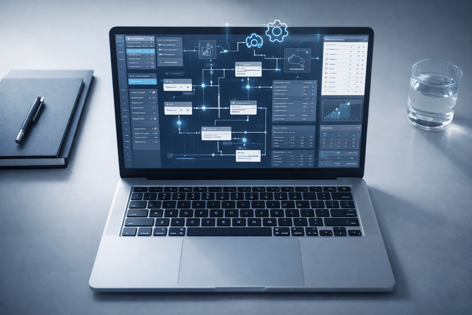 Top down view of a laptop showing a unified operations dashboard with automation and AI elements.