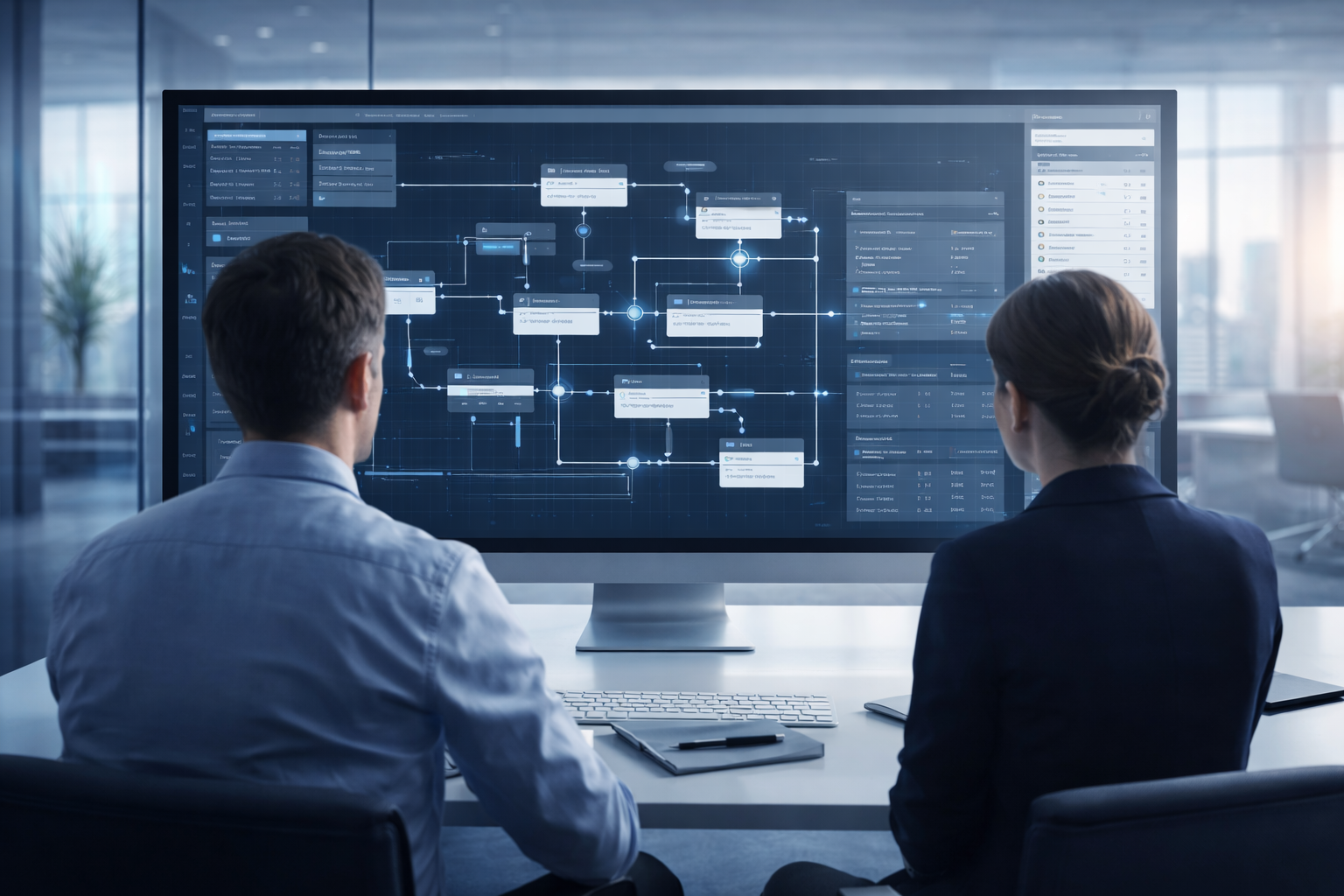 Two professionals reviewing an interconnected operational system map on a large screen.