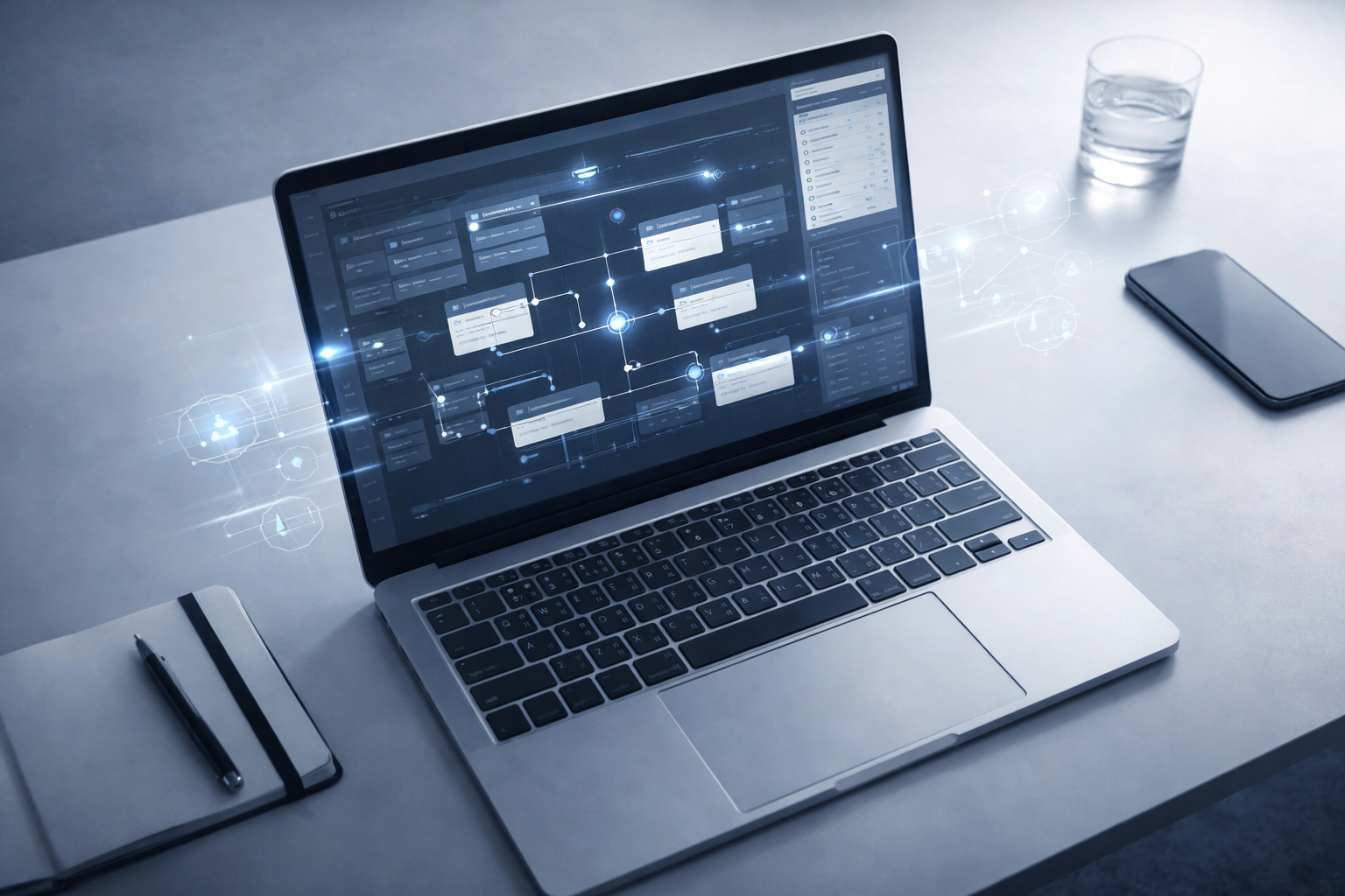 Top-down view of a laptop displaying a unified execution layer with automation and AI elements.