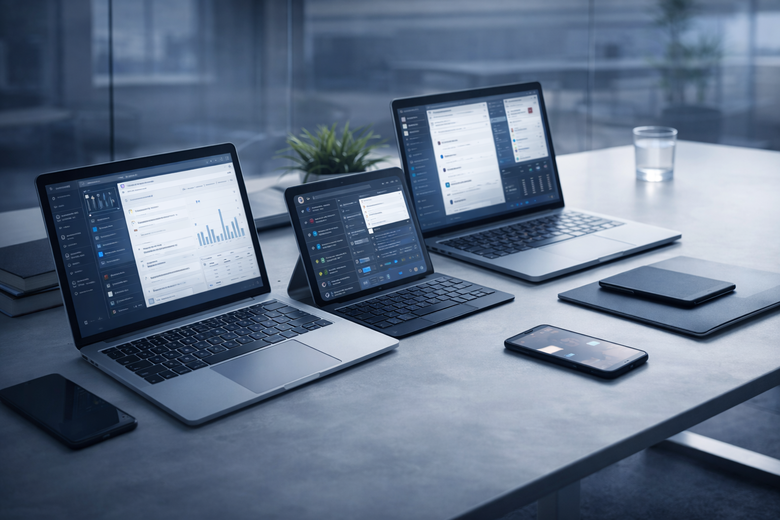 Multiple disconnected productivity tools displayed across laptops, tablet and smartphone on a desk.
