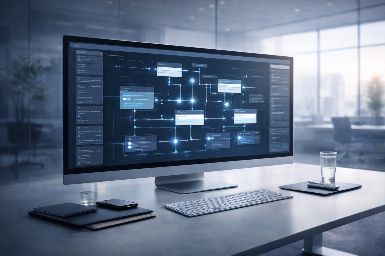 Unified digital system dashboard displaying connected workflows and data on a modern desktop screen.