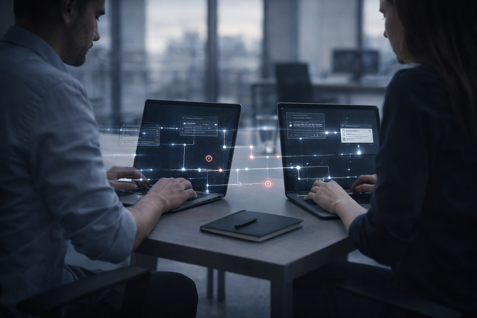 Two professionals working on laptops with disconnected digital workflow elements between them.