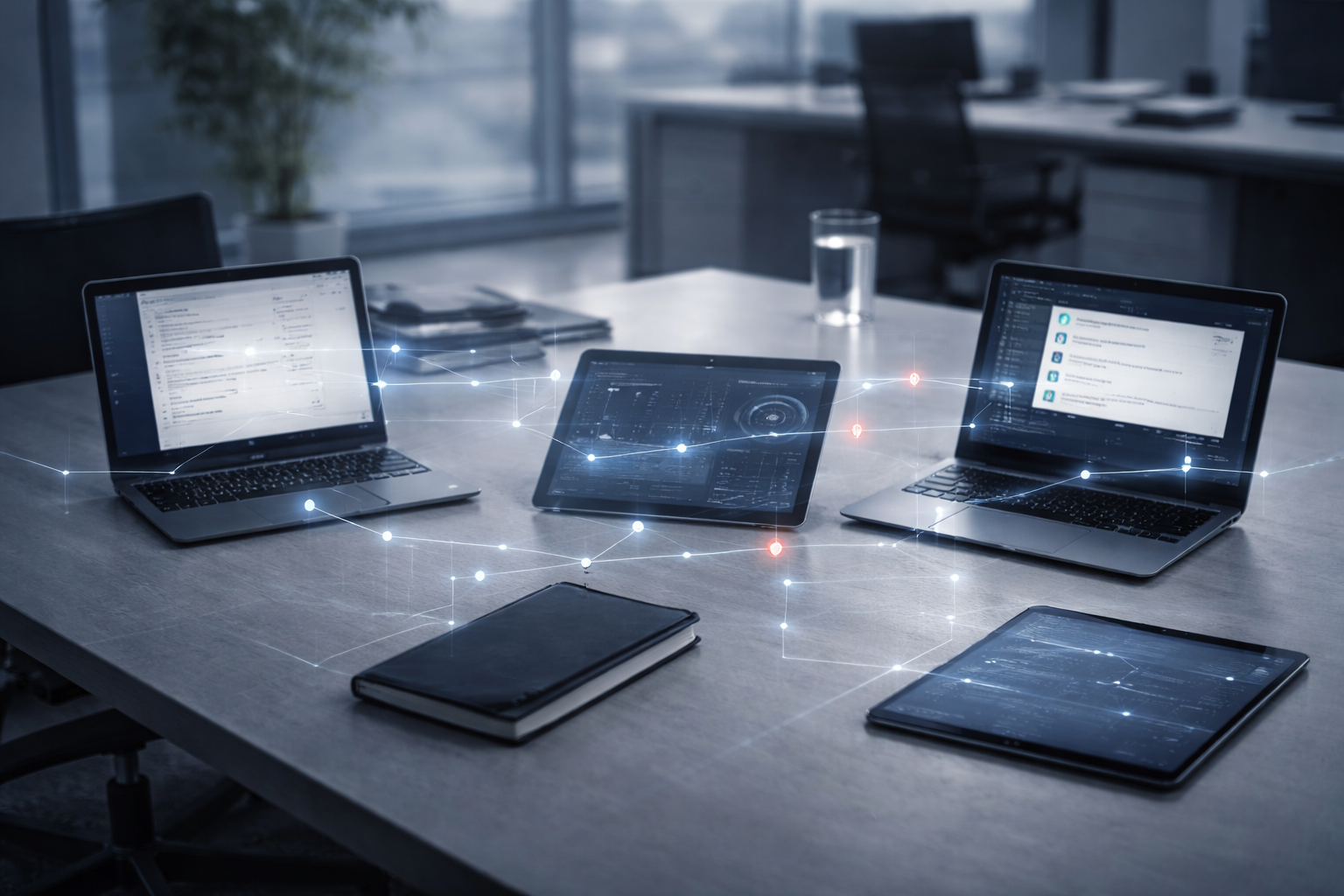 Modern office desk with multiple disconnected tools and devices lacking a unified operational structure.