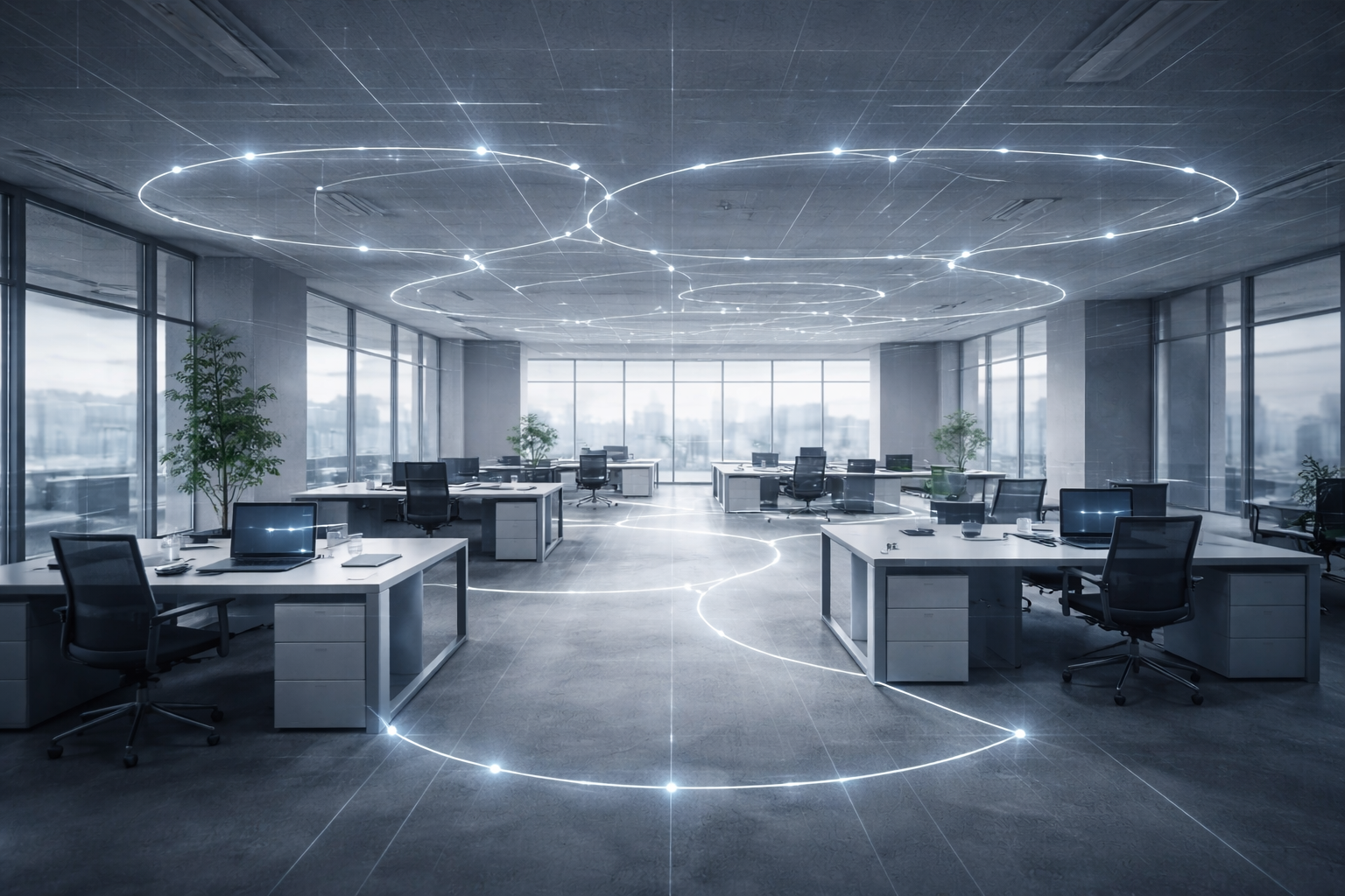 Separate teams working independently in a modern office without visible operational connections.