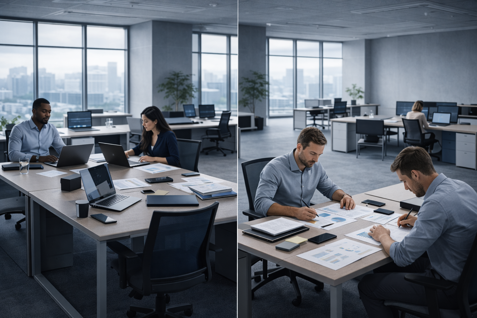 Professionals working in a coordinated office environment connected by subtle digital signals.