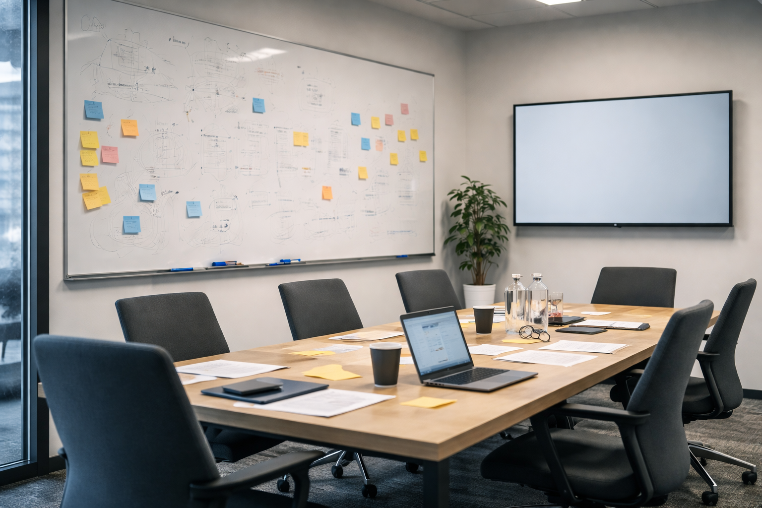 Empty conference room with planning materials and whiteboard after a strategy session
