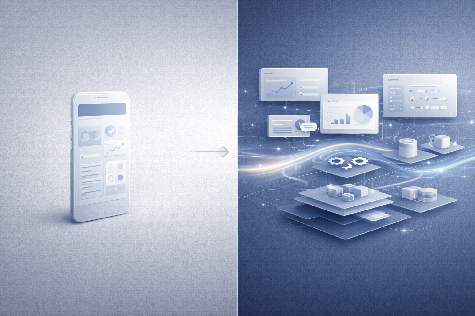 Illustration showing the transition from a single mobile app to a scalable operational system for mid-market businesses.